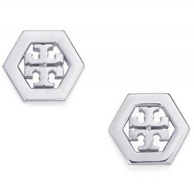 Tory Burch Hex Logo Stud Earrings Silver